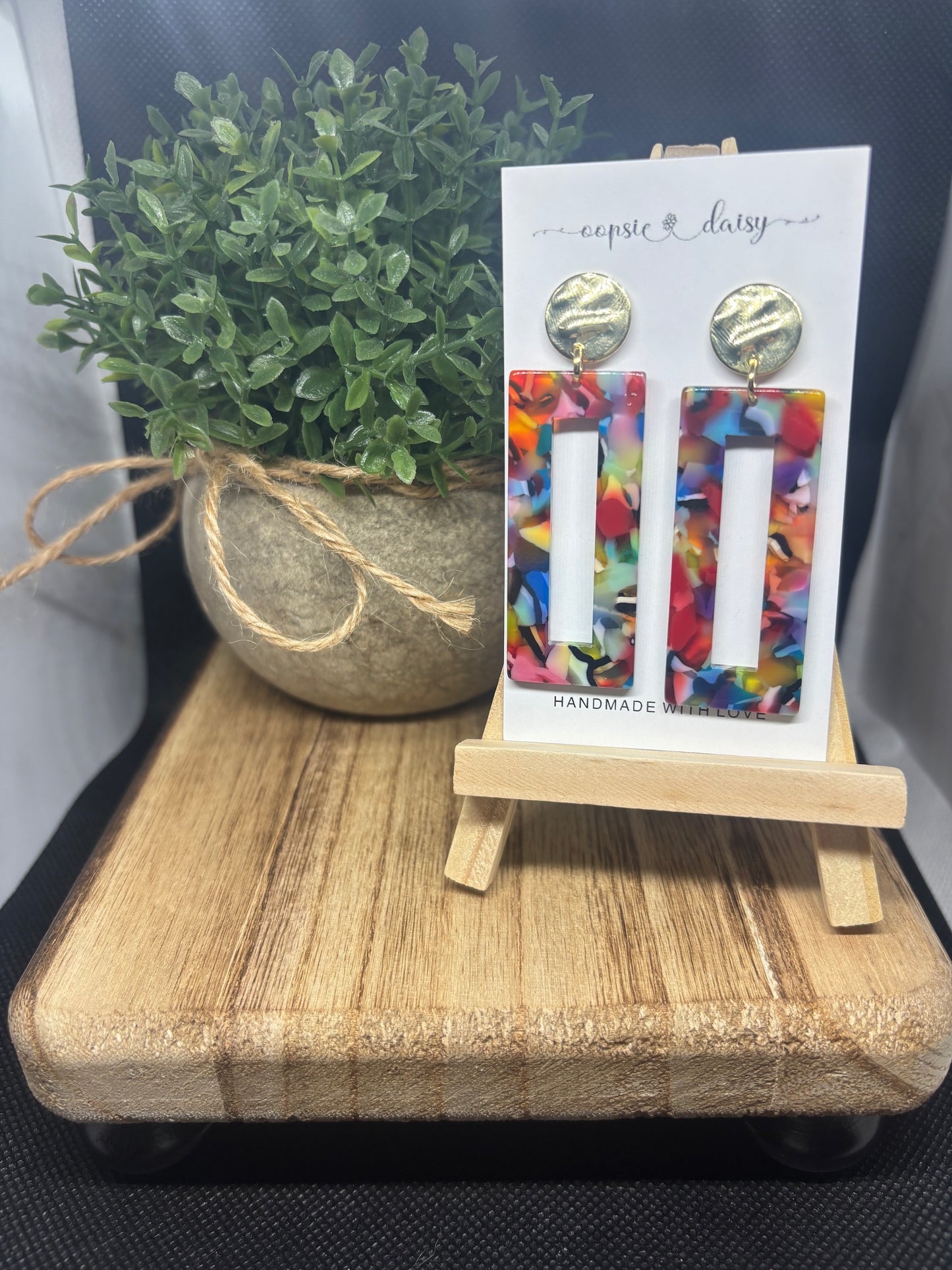 Colorful long rectangular gold studs