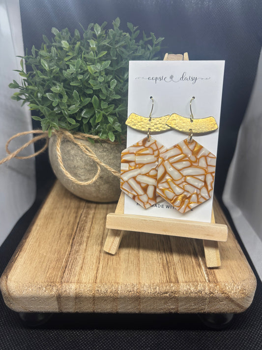 Hexagon gold and pearl earrings